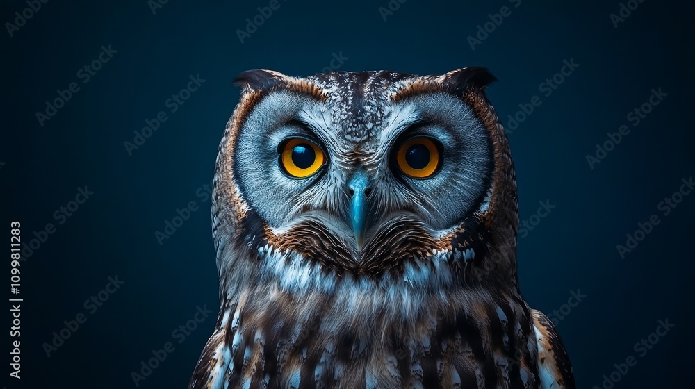 Fototapeta premium Close up owl with large yellow eyes staring forward, dark blue background, intricate feather details, owl portrait photography