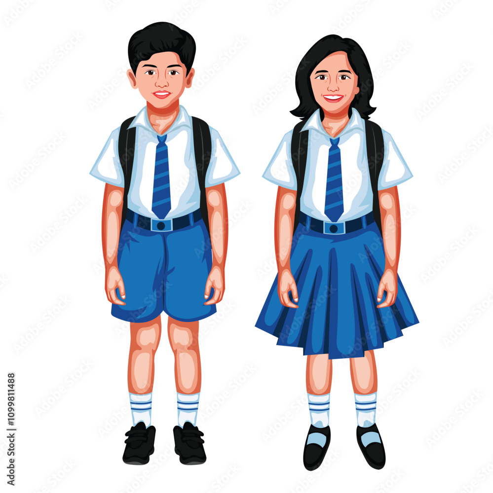 Fototapeta premium Indian School Students Boy And Girl Standing Cartoon Character Vector Illustration