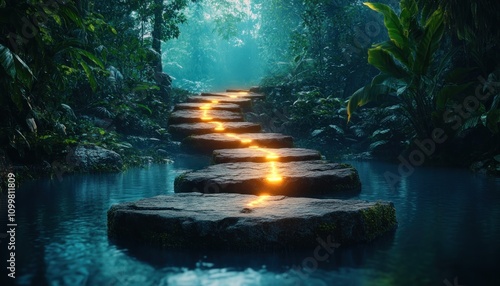 Serene Pond, Glowing Stepping Stones Splitting into Two Radiant Trails A Magical Journey Through Tranquil Waters, Illuminated Path, Mystical Forest, Spiritual Awakening, Peaceful Retreat, Fantasy