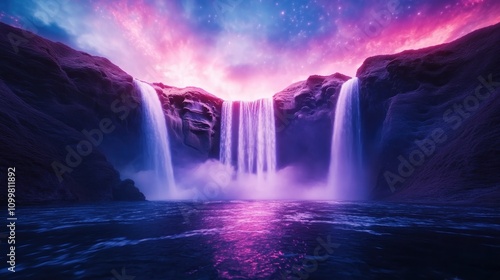 Wallpaper Mural Surreal Glowing Waterfall A Dreamlike Vision of Multiple Streams Diverging, Symbolizing Diverse Life Paths and Choices, Illuminated by a Cosmic Nebula, Representing the Infinite Possibilities and Torontodigital.ca