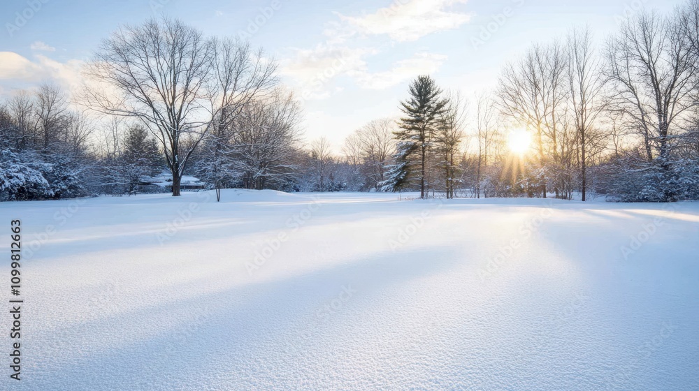 Obraz premium Winter sunrise over snow-covered pine trees, casting long shadows and warm light across the pristine snowy landscape.
