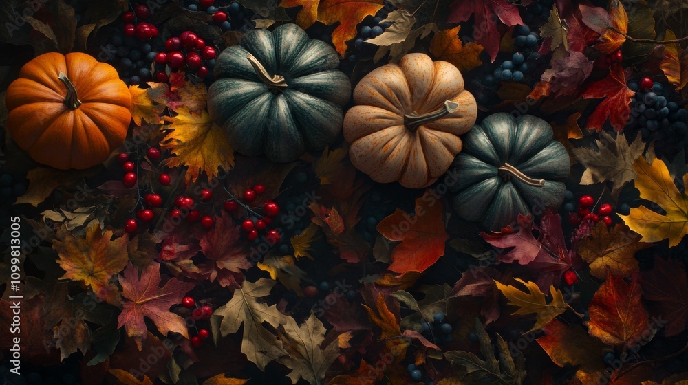Fototapeta premium Background with pumpkin and leaf ornaments for Thanksgiving Day