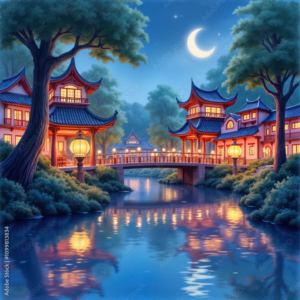 Obraz premium Tranquil theme park at night. Lanterns illuminate area. Reflections on lake beautiful. Water flows calmly under bridge. Charming Asian-inspired buildings visible. Evening light casts dreamy