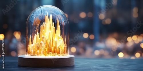 A glowing miniature city encased in a glass dome on a blurred dark background, symbolizing innovation, urban planning, and futuristic design. photo