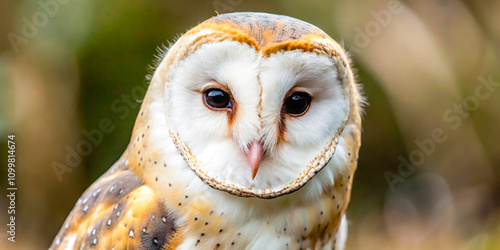 A close-up of a common barn owl (Tyto alba), showcasing its distinctive heart-shaped facial disc and wide, expressive eyes. photo