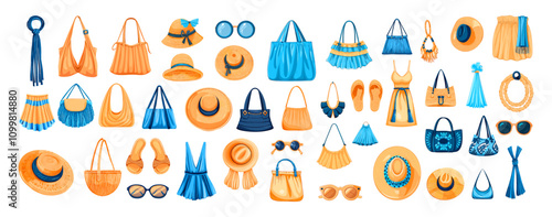 Cartoon beach ethnic bags and hats. Woman fashion sunglasses panamas jewelry swimsuits dresses and earrings, luxury summer sea coast ocean shore resort vacation accessories, isolated illustrations