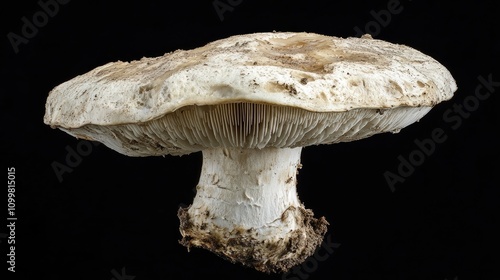 Porcini mushroom cap showing distinct signs of worm activity with a rough texture and visible gills on a black background.