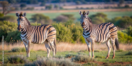 Two plains zebras (Equus burchelli) standing in their natural habitat, showcasing their striking black and white stripes. photo