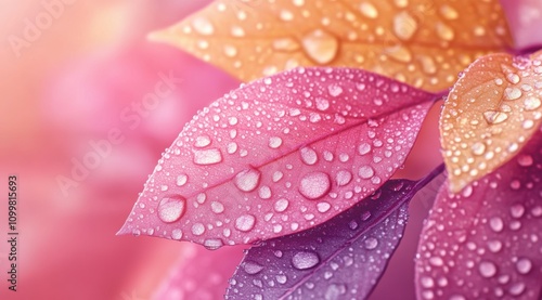 Close-up of pink and orange leaves with water droplets