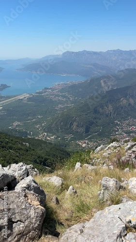 Panoramic view of the bay and mountains with heliocopter view photo