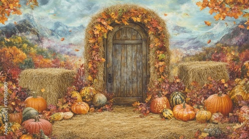 Decorative autumn display with pumpkins and flowers, thanksgiving day theme photo