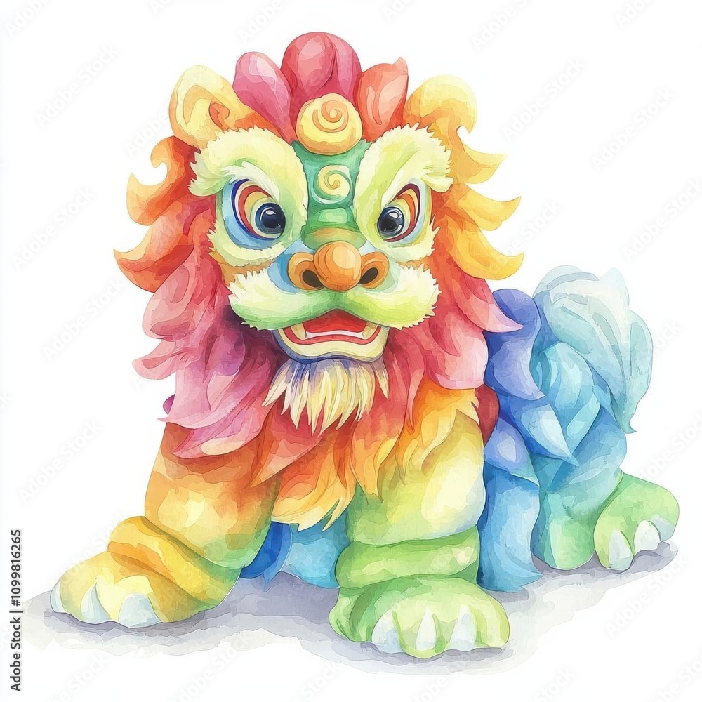 Obraz premium Lunar New Year Watercolor Clipart. A lion dance costume with vibrant colors clipart, festive tradition, watercolor style, isolated on white background