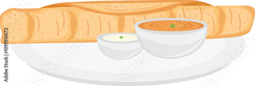 South Indian Dish Dosa With Sambhar And Coconut Chutney Vector Illustration