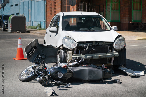 Car crashes into motorcycle in traffic accident.