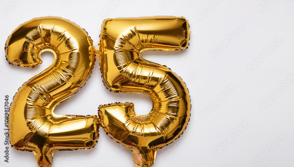 Obraz premium Banner with number 25 made of golden balloon, white backdrop. Birthday anniversary celebration.