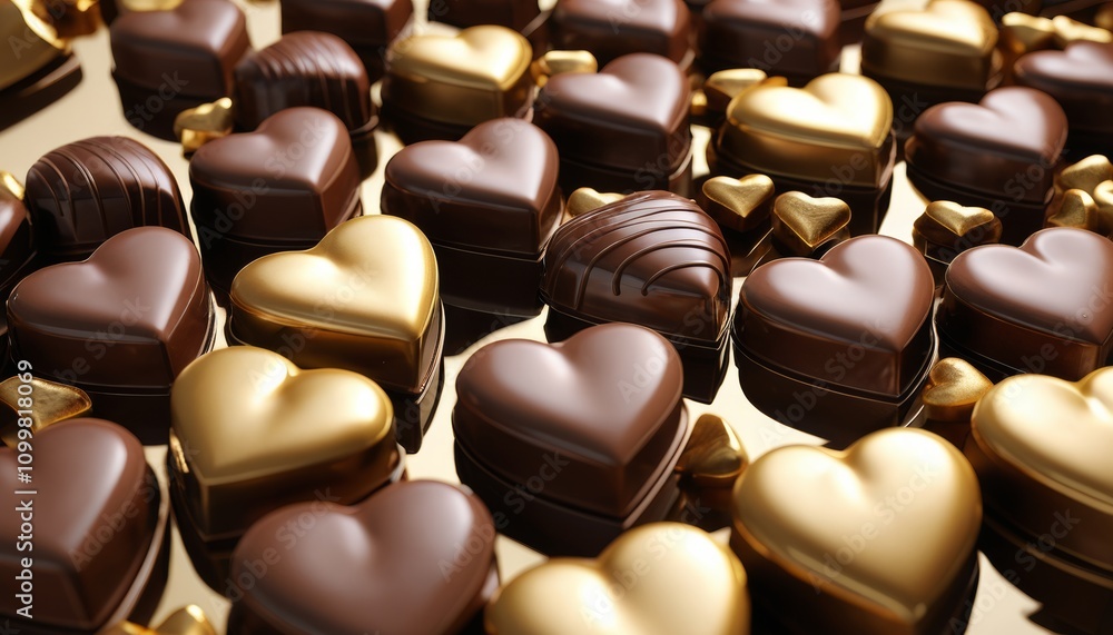 Fototapeta premium Assorted chocolate heart-shaped candies with golden accents on a reflective surface