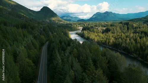 aerial panoramic view over highway 19 and nimpkish river in the north of Vancouver Island between Campbell River and Telegraph Cove on a sunny day, British Columbia, Canada photo