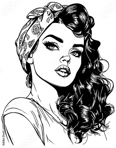1950's style pin up girl with long hair and bandana, in black, isolated 