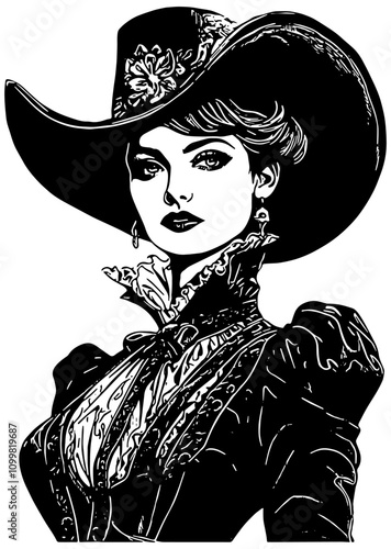 Vintage, Wild West, cowgirl in victorian era style clothing, illustration in black, isolated 