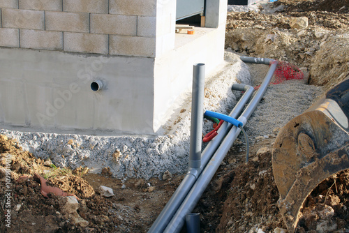 Foto Tuyaux d'évacuation pluvial et eaux usées de la maison, chantier en construction