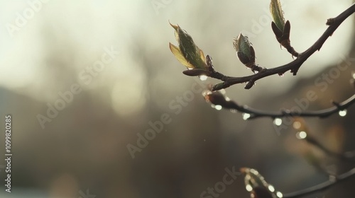  raindrops clinging to a budding tree branch, with soft  clouds and puddles reflecting the muted light of an early day