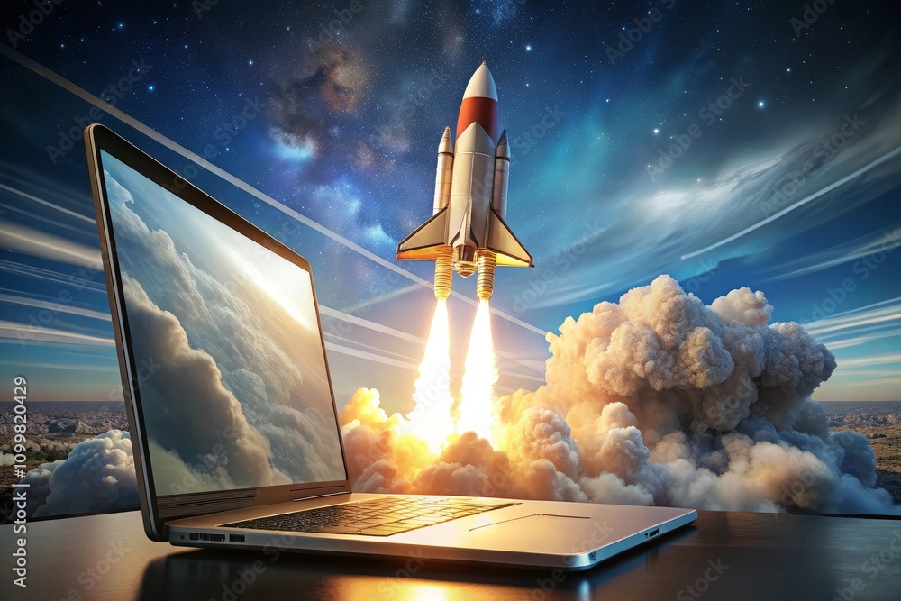Naklejka premium a computer screen with a rocket flying in the sky and a rocket flying in the sky