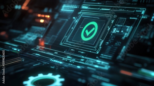 Digital display with quality control icons like a gear, scale, and green checkmark, surrounded by glowing light