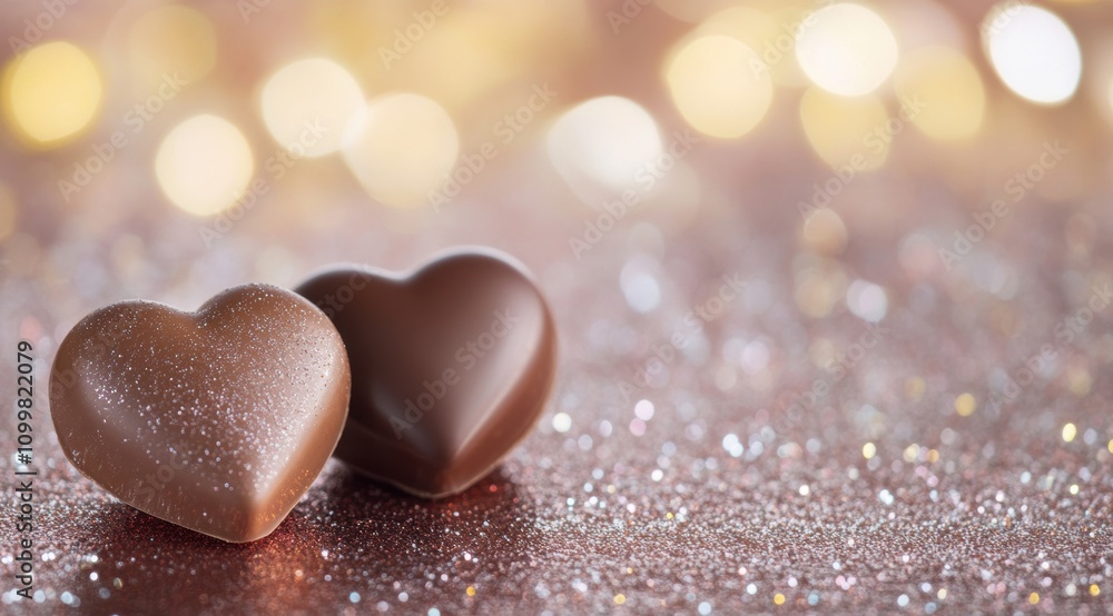 Fototapeta premium Two heart-shaped chocolates on a glittery background with bokeh lights, a Valentine's Day theme