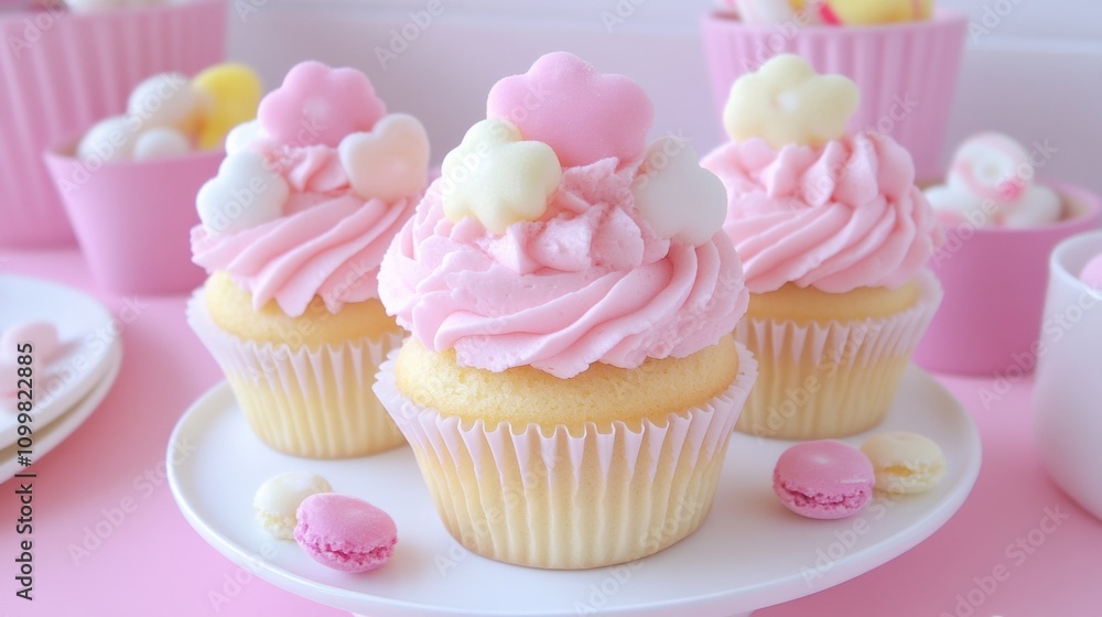 Delightful Pink Cupcakes with Whipped Frosting and Colorful Decorations Perfect for Celebrations, Birthdays, and Special Occasions in a Bright and Cheerful Setting Delightful Pink Cupcakes with Whipped Frosting and Colorful Decorations Perfect for Celebrations, Birthdays, and Special Occasions in a Bright and Cheerful Setting