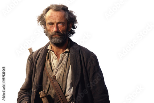 Middle-aged man dressed in a classic European folk costume, including a wool vest and embroidered shirt, isolate on a white background.