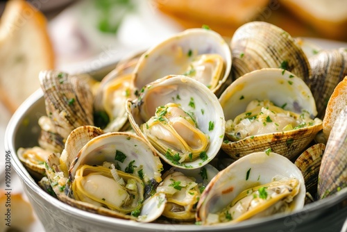Steamed Clams Bucket: Delicious Steamed Clams in Garlic Butter with Toast