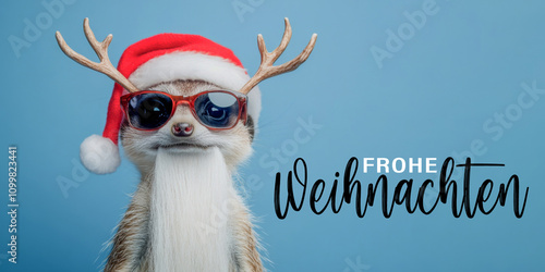 Frohe Weihnachten Urlaub Winter Grußkarte mit deutschem Text - Süßes Erdmännchen mit Weihnachtsmannmütze und Sonnenbrille, isoliert auf blauem Hintergrund photo