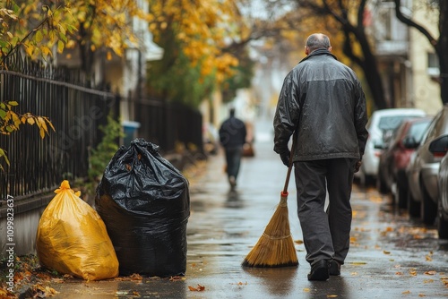 Street Cleaner Outdoors in Autumn: Men at Work Cleaning Streets with Brooms and Garbage Bags photo