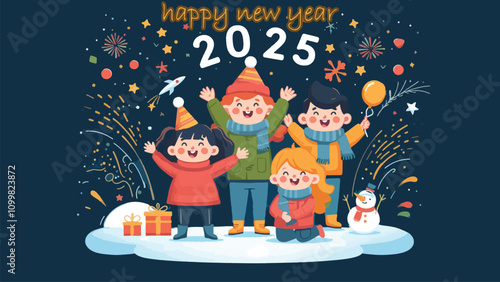 illustration of children happily welcoming New Year's Eve, they uphold the number 2025 