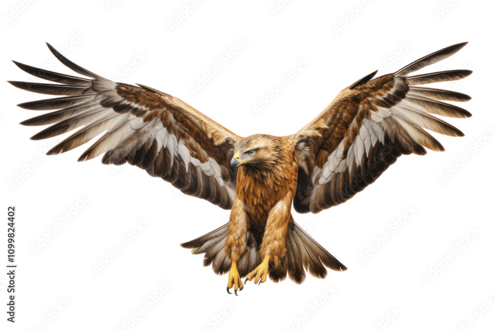 Fototapeta premium Golden Eagle in mid-flight, captured with outstretched wings and powerful beak, isolated on white background