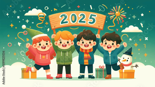 illustration of children happily welcoming New Year's Eve, they uphold the number 2025 