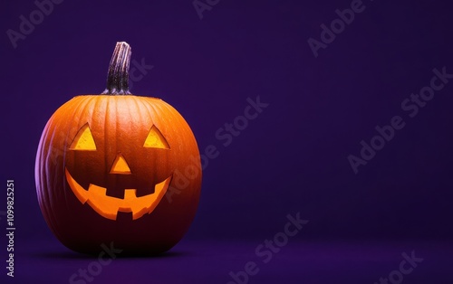 Halloween decoration concept featuring a single orange pumpkin against a dark purple background, with a clear copy space area for customization photo