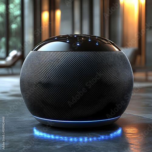 3D Render of Black Speaker with Blue Light photo