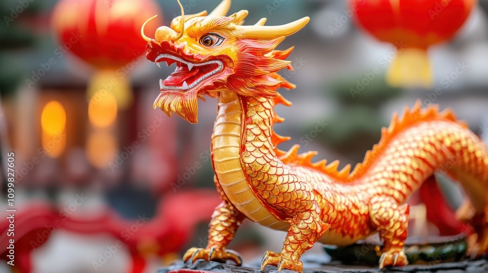 Fototapeta premium A fiery Chinese dragon with glowing orange and gold highlights, surrounded by sparks and bokeh, symbolizing strength and celebration.