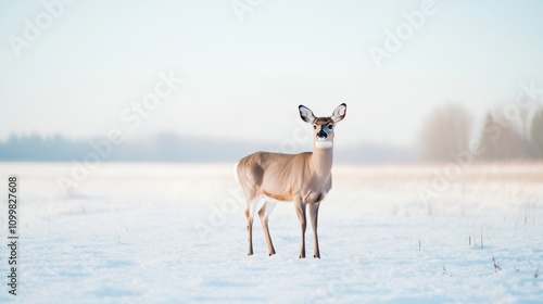 lone deer in a vast snowy field, with a clean, white background and a pale blue sky creating a simple, serene winter composition 