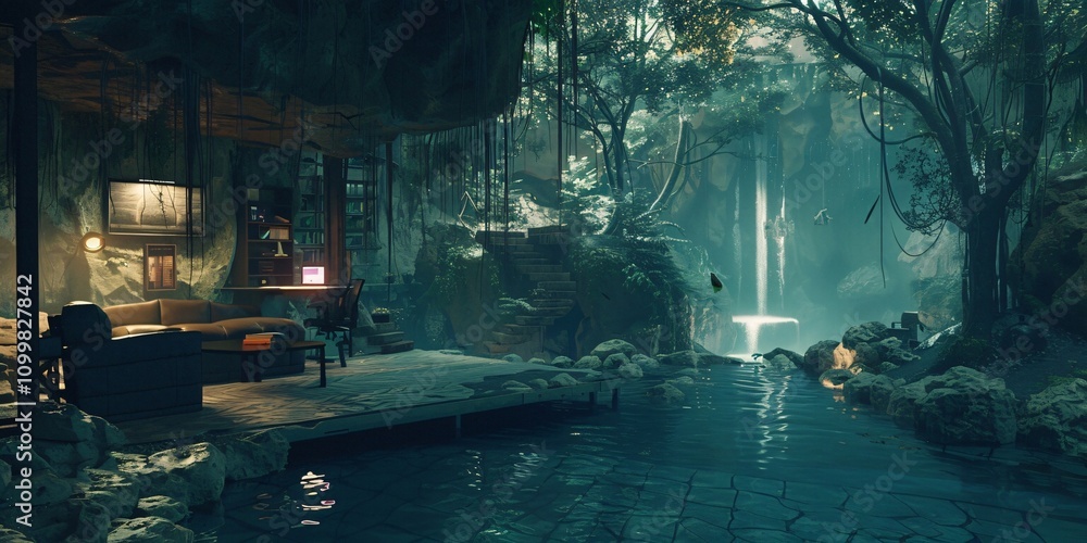 Fototapeta premium Hackers’ Escape A Tranquil, Off-the-Grid Hideout, A Peaceful Hackers Retreat Hidden in Seclusion