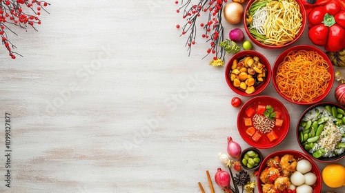 Table with redthemed Lunar New Year feast, full of traditional dishes, vibrant and celebratory photography style photo