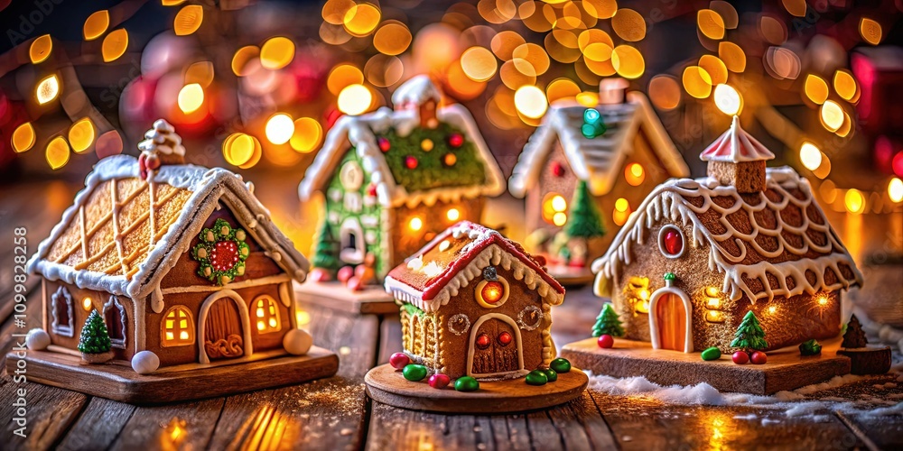 Fototapeta premium Christmas Gingerbread Houses on Wooden Table - Festive Holiday Scene