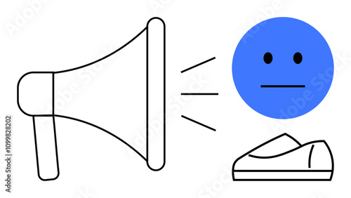Megaphone emitting lines towards blue neutral-faced emotion and laptop. Ideal for themes of communication, technology, digital marketing, announcements, reactions, social media, and public speaking