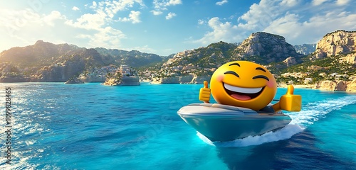 A smiling 3D emoji giving thumbs-up on an airplane cruising over turquoise waters