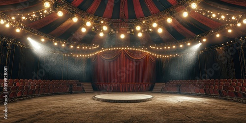 The inside of a circus tent with seats in a circle, spotlights shining, and an empty ring in the center.