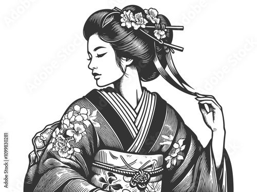 geisha in a floral-patterned kimono, asian woman sketch engraving generative ai fictional character vector illustration. Scratch board imitation. Black and white image.