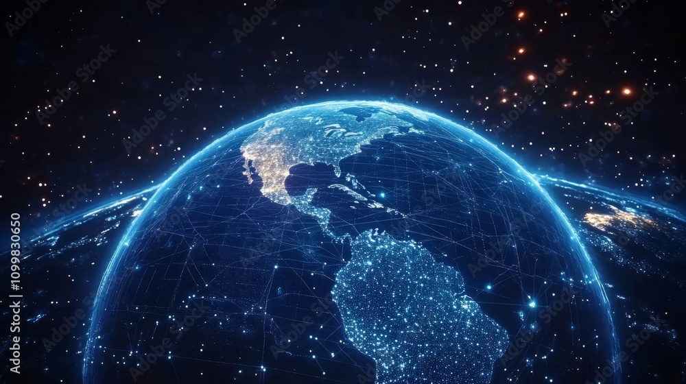 Obraz premium Abstract digital blue background with glowing connections and a global map, internet connection of the planet Earth for business data transfer or social media communication in space on a dark backdrop