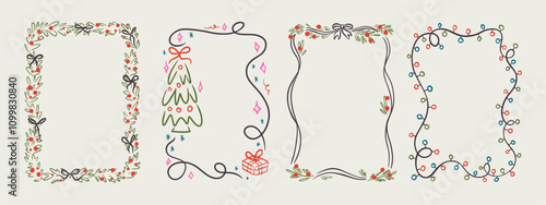 Set of Merry Christmas whimsical hand-drawn blue orange green color frames with wavy squiggle curly ribbons in trendy, vintage styles. Perfect for quirky holiday, Christmas invitation,greeting card