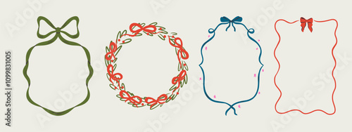 Set of Merry Christmas whimsical hand-drawn blue orange green color frames with wavy squiggle curly ribbons in trendy, vintage styles. Perfect for quirky holiday, Christmas invitation,greeting card